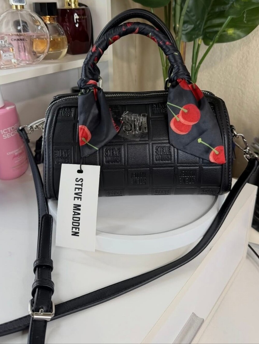 Steve Madden Black Cherry-Print Satchel Bag